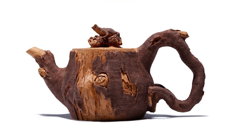 仿木外皮紫砂壺，創(chuàng)意木樁手工雕刻紫砂壺
